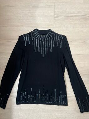 Black Long-Sleeve Embellished Knit Top